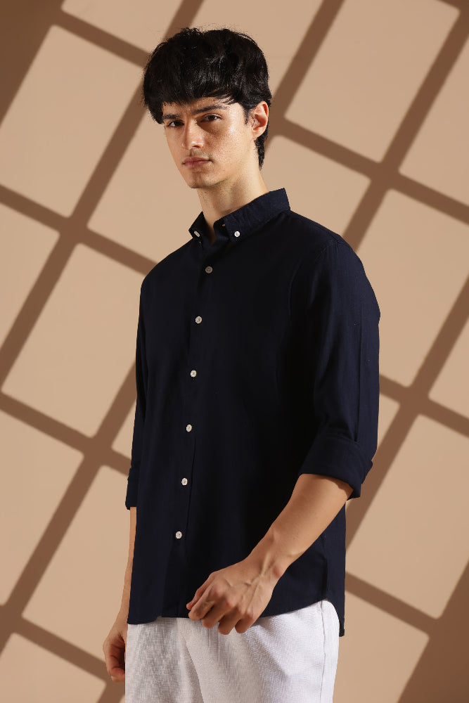 Navy blue Linen blended button down shirt