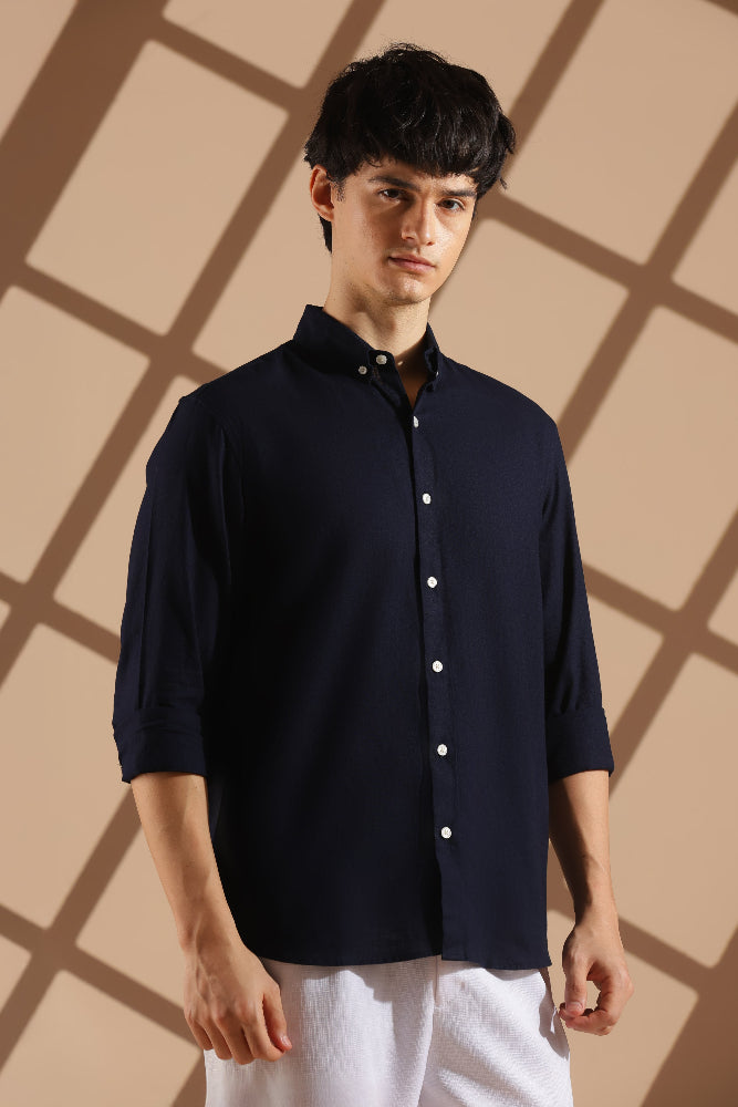 Navy blue Linen blended button down shirt