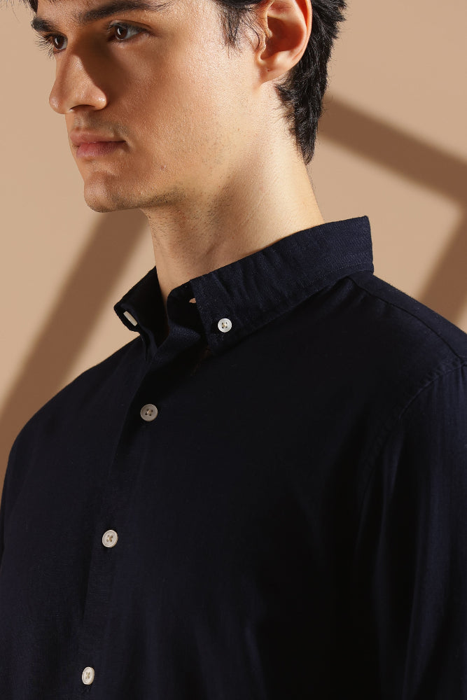 Navy blue Linen blended button down shirt