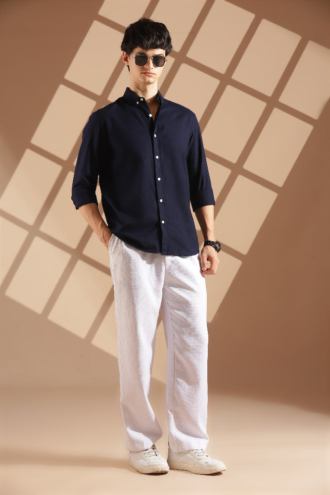 Navy blue Linen blended button down shirt