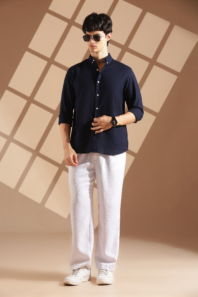 Navy blue Linen blended button down shirt