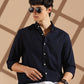 Navy blue Linen blended button down shirt