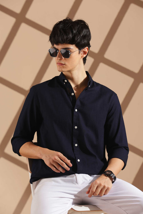 Navy blue Linen blended button down shirt