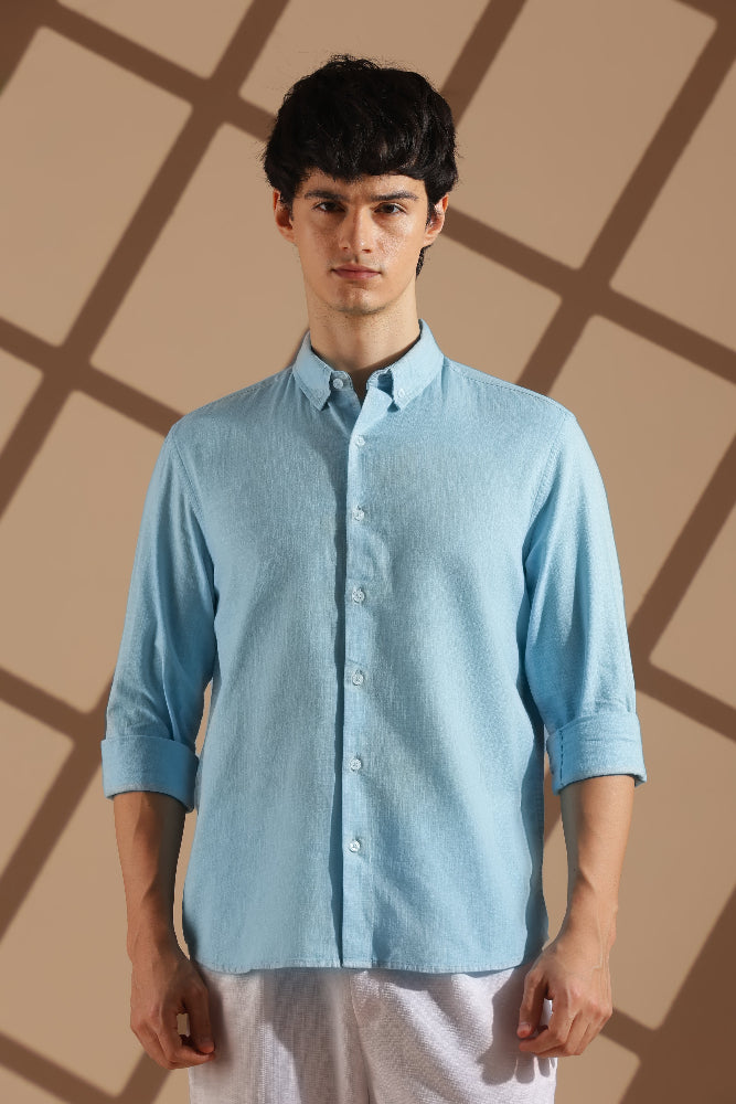 Sky blue Linen blended button down shirt
