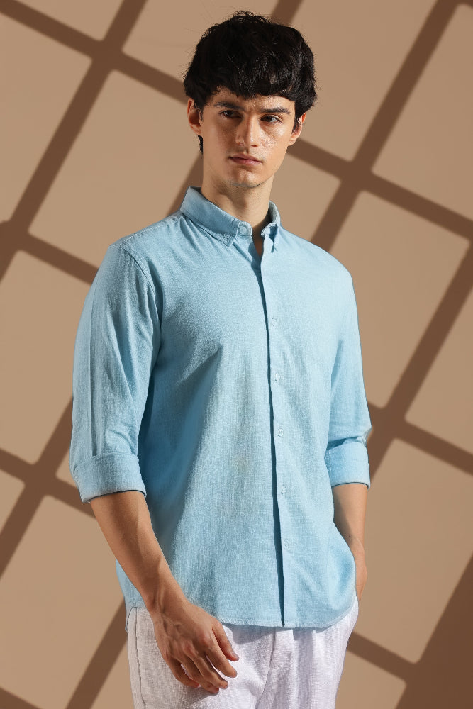 Sky blue Linen blended button down shirt
