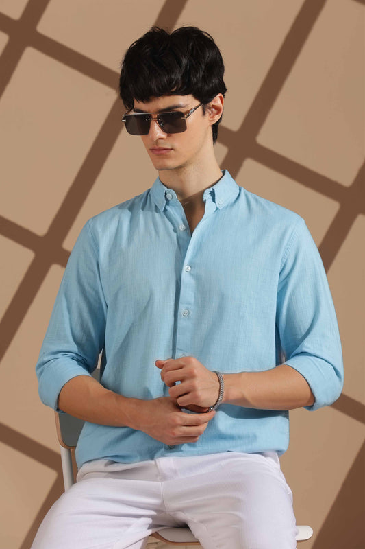 Sky blue Linen blended button down shirt