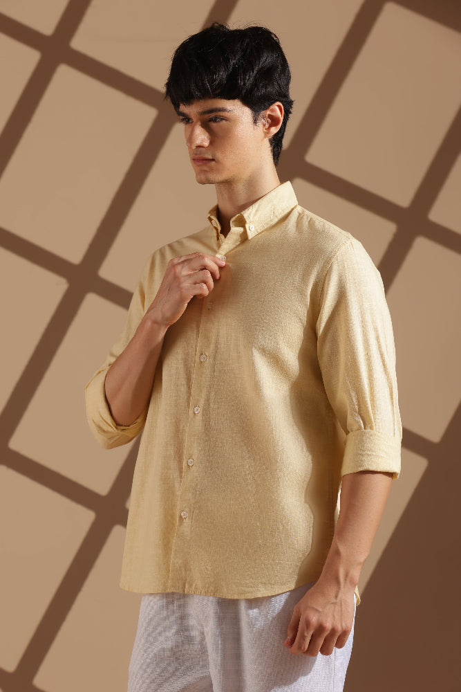 Beige Linen blended button down shirt
