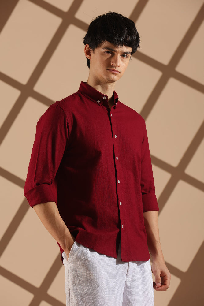 Maroon Linen blended button down shirt