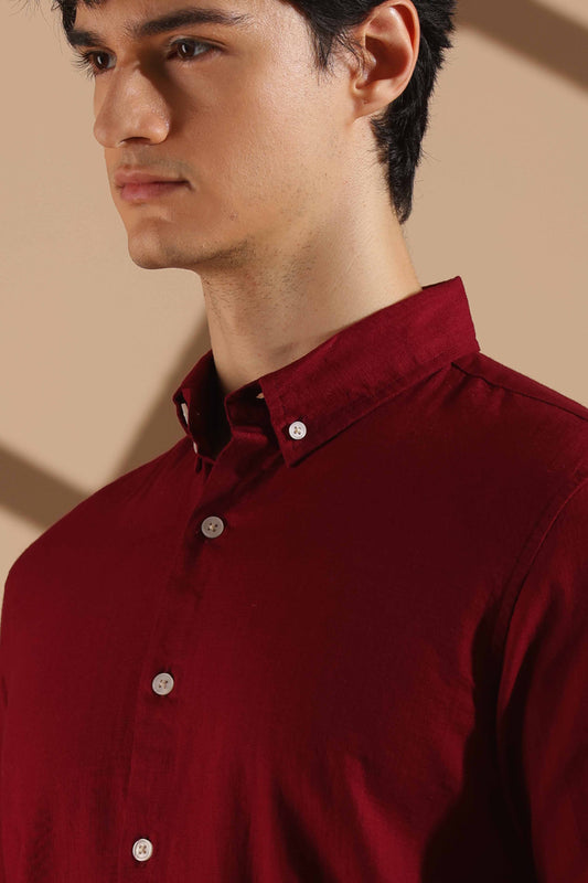 Maroon Linen blended button down shirt