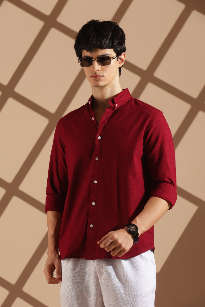 Maroon Linen blended button down shirt