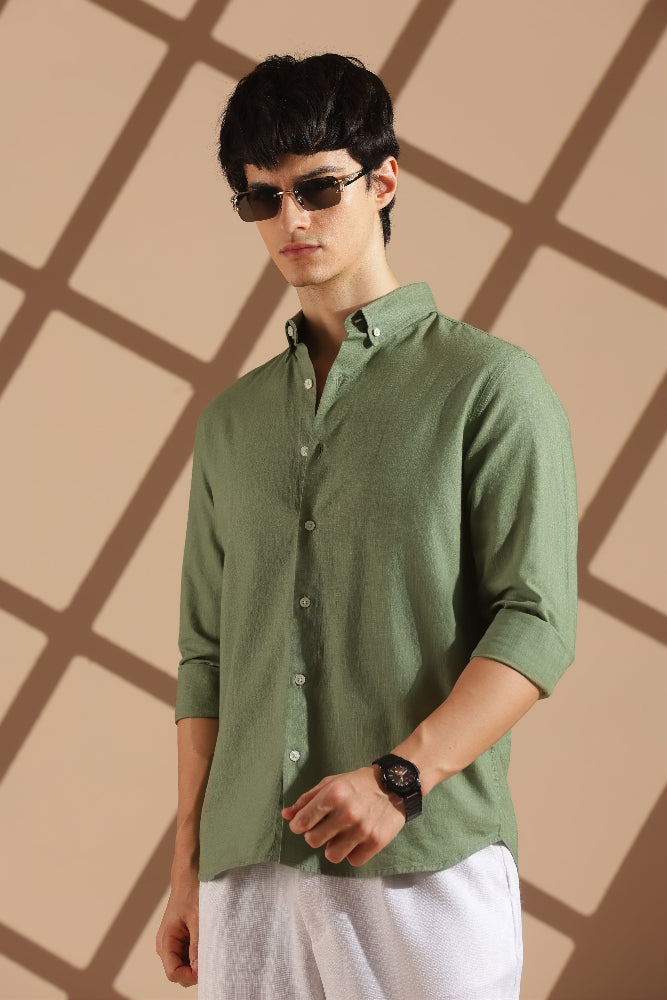 Olive Green Linen blended button down shirt