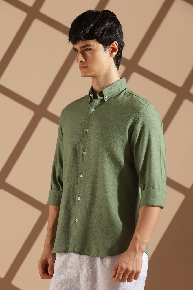 Olive Green Linen blended button down shirt