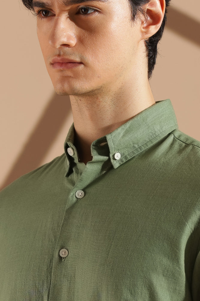 Olive Green Linen blended button down shirt