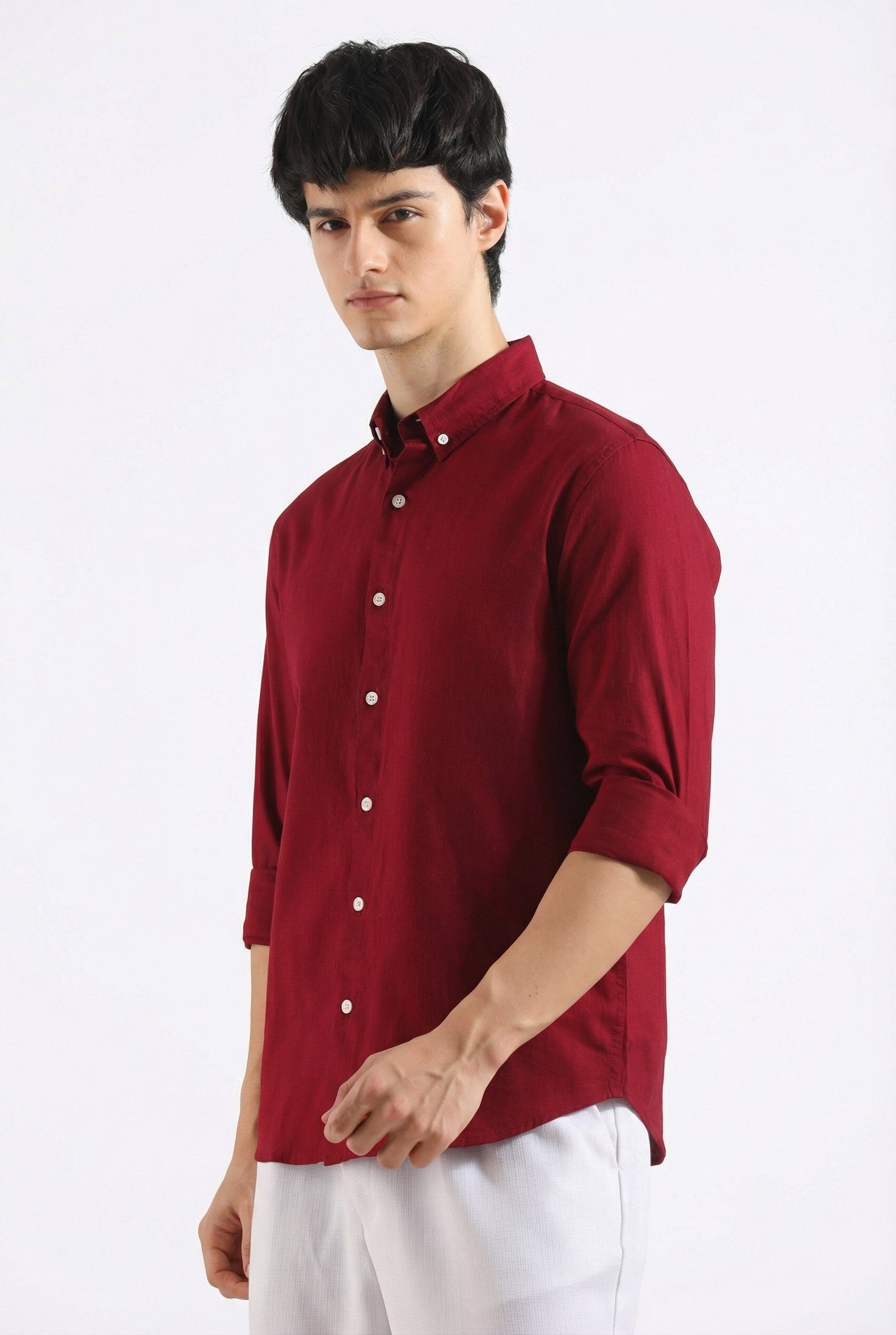 Maroon Linen blended button down shirt