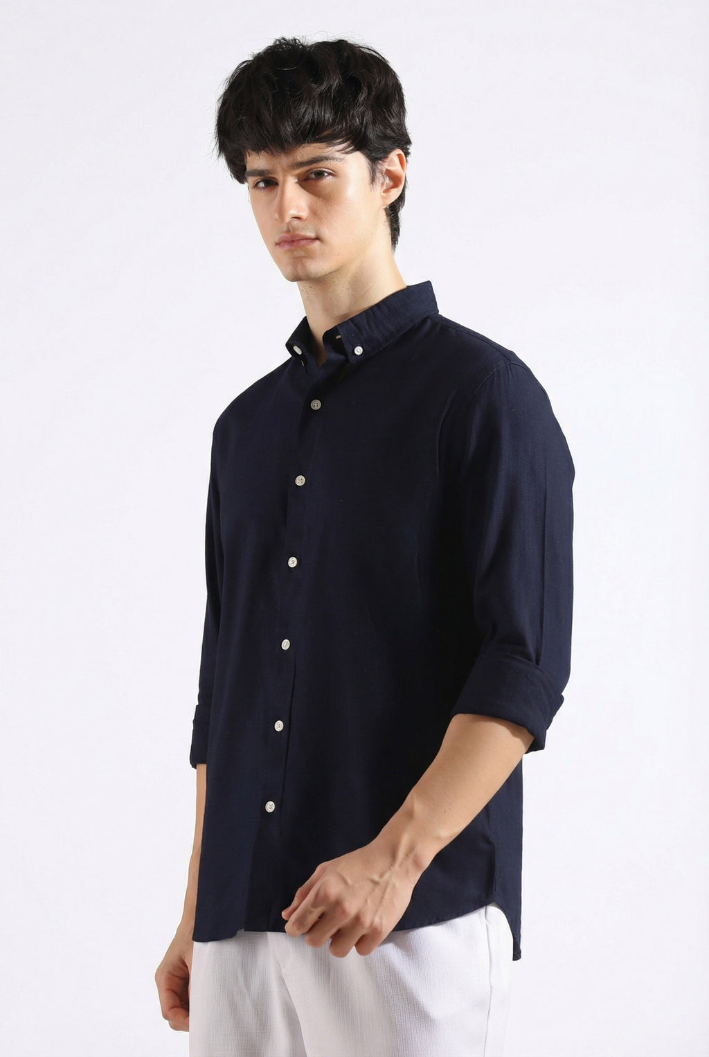 Navy blue Linen blended button down shirt