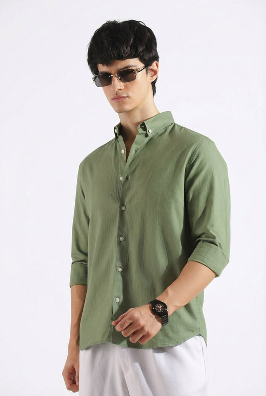Olive Green Linen blended button down shirt