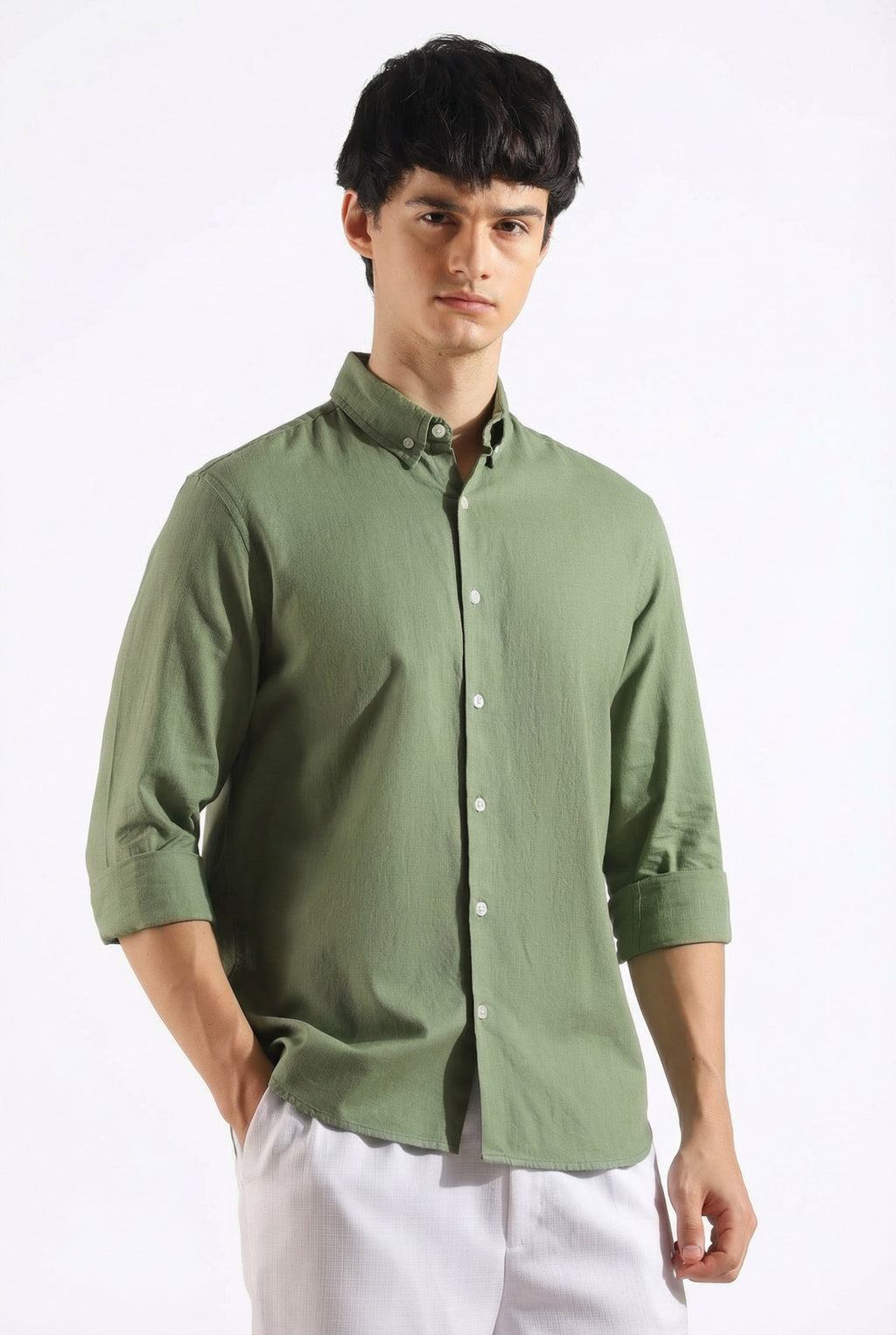 Olive Green Linen blended button down shirt
